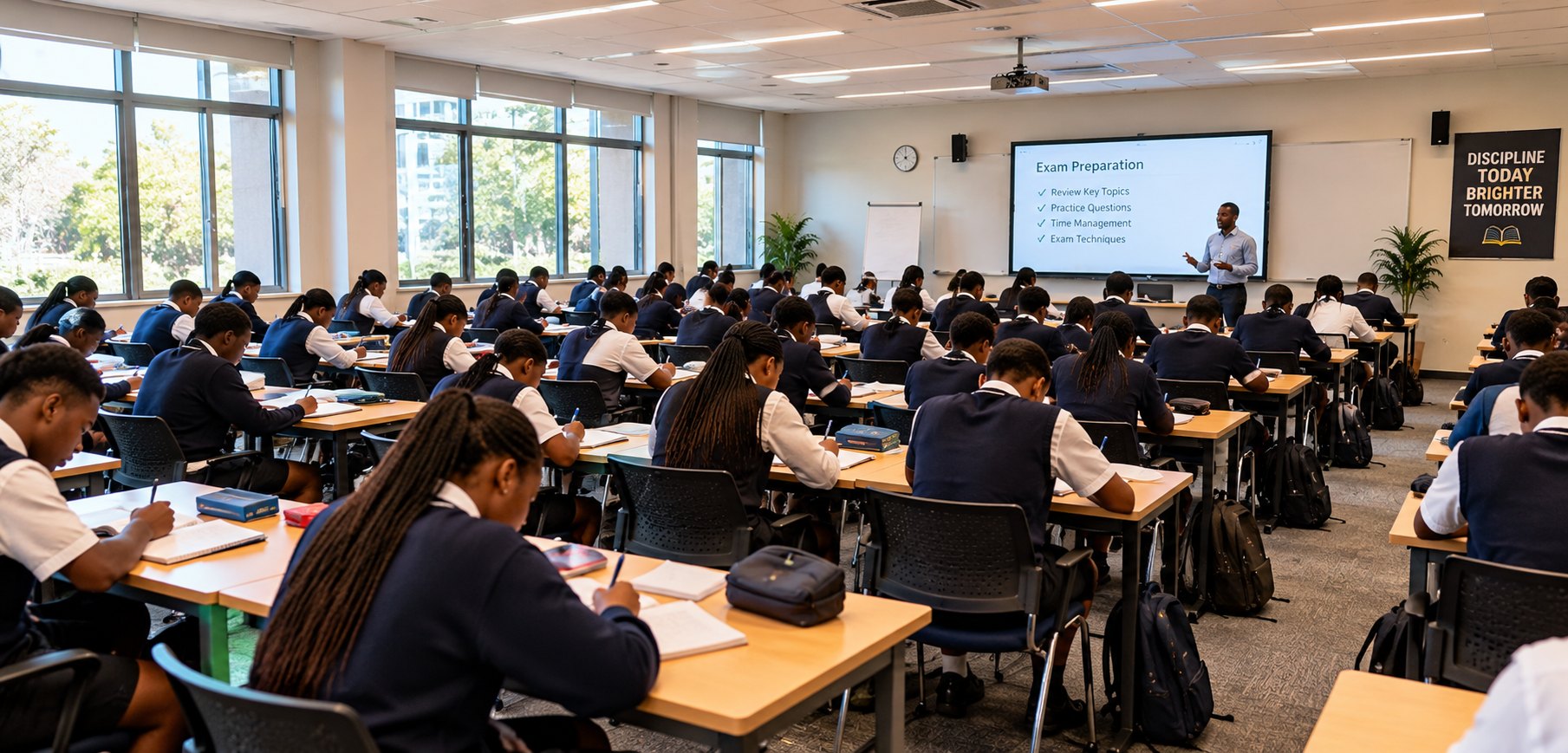 Illustrative image of a modern classroom with learners preparing for examinations