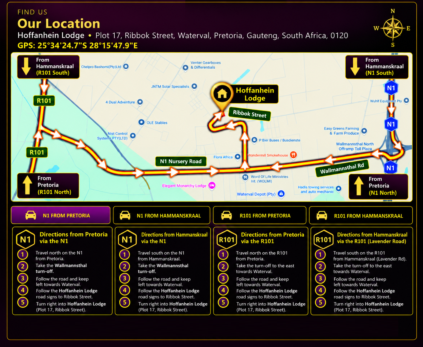 Hoffanhein Lodge directions map showing N1 and R101 approaches from Pretoria and Hammanskraal