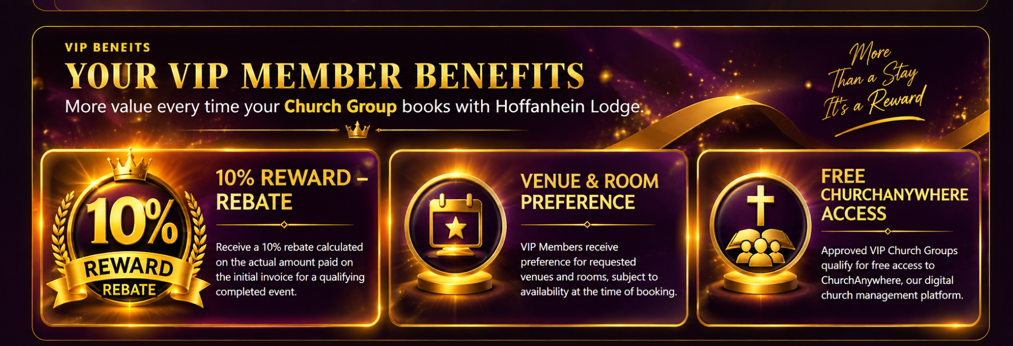 Your VIP Member Benefits – 10% Reward Rebate, Venue and Room Preference, and Free ChurchAnywhere Access
